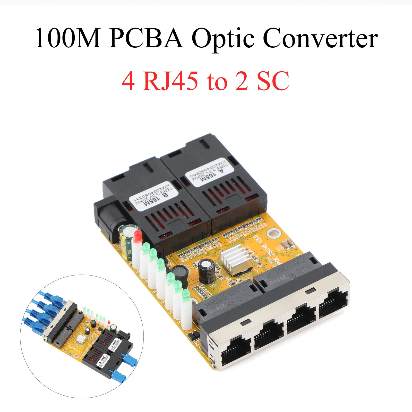 100M Fiber Optic Media Converter 4 RJ45 to 2 SC A+B Optic Connector 1310nm/1550nm Ports PCBA Board 20KM Ethernet Switch Yellow