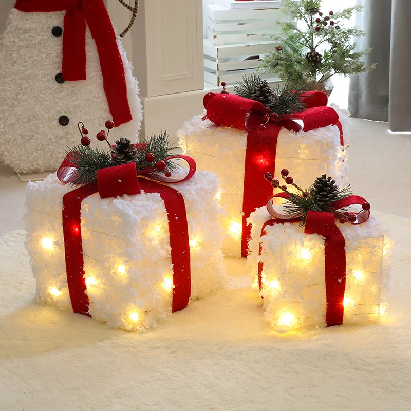 

Christmas Decoration Three-piece Gift Box Christmas Tree Ornaments Luminous Iron Art for Home Outdoor Christmas Decorations Mall