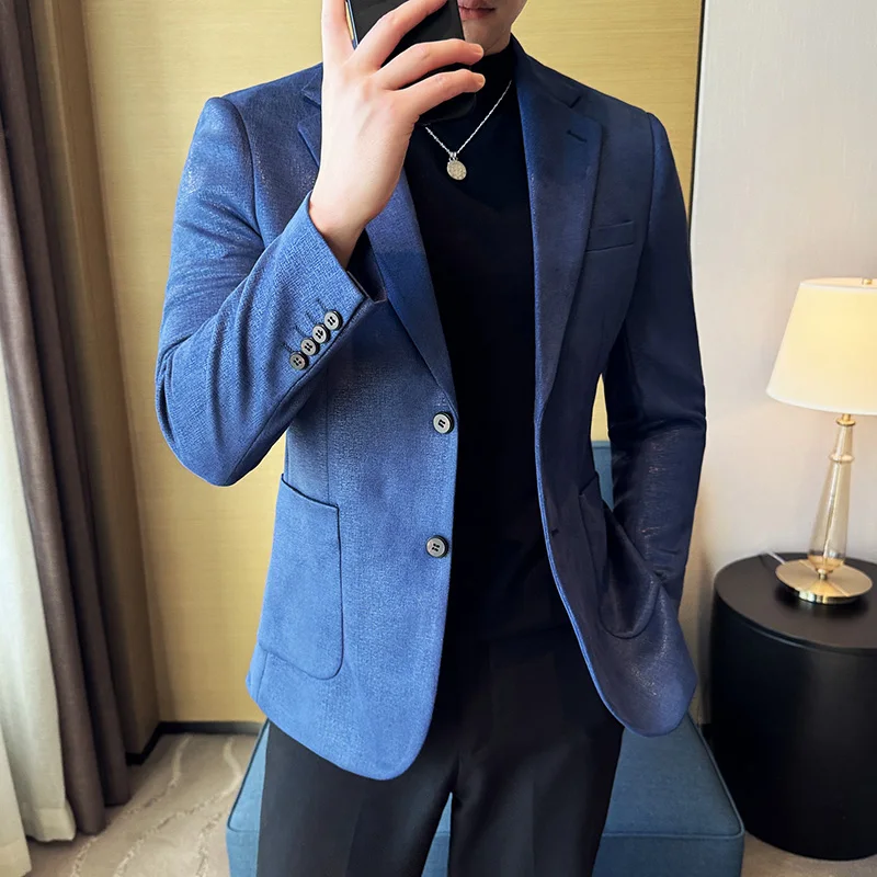 Suede Blazer Men's Fashionable Slim Fit Suit Jacket Single Breasted Business Dress Formal Jacket