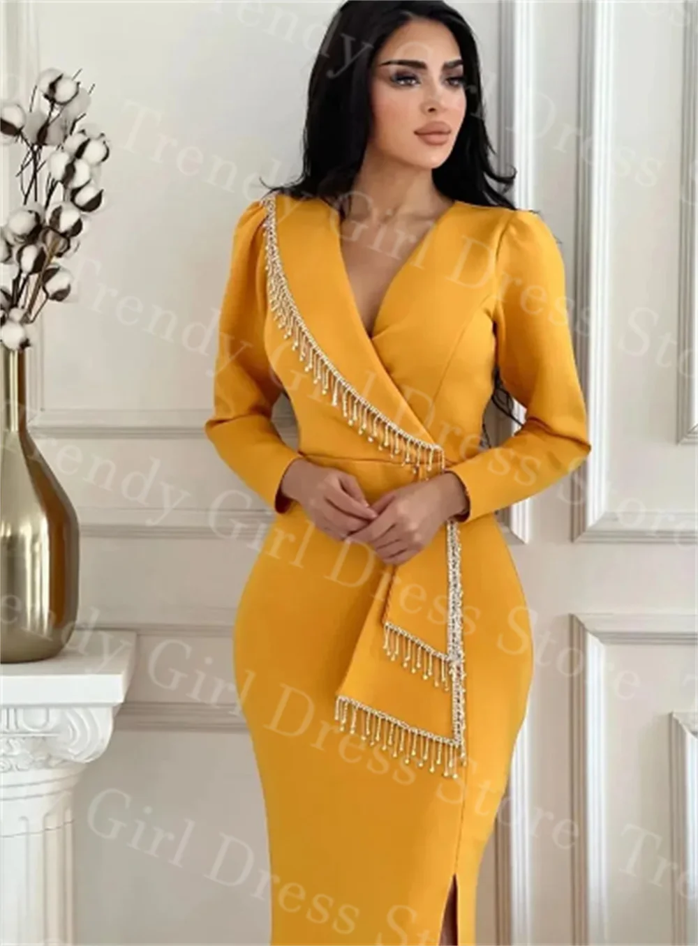 

Exquisite V Neck Prom Dress Women's Diamond Long Sleeve Party Evening Gown Mermaid Ankle Length Saudi Dress Vestidos De Fiesta