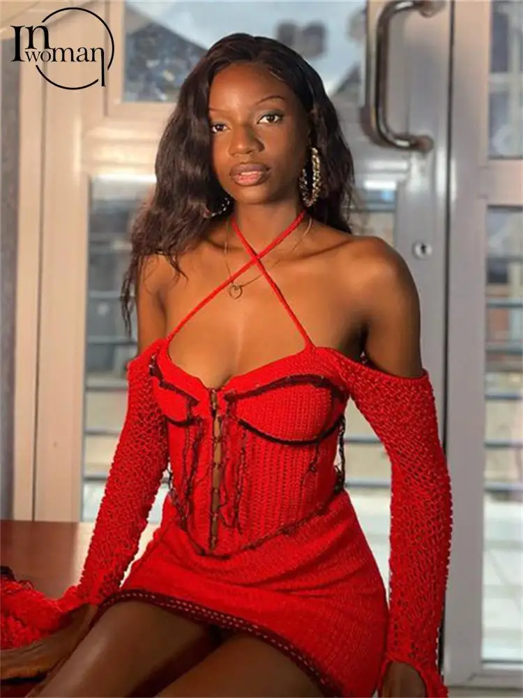 

Inwoman Fall Sexy V Neck Halter Knitted Mini Dress Party Club Clothing For Women 2023 Fashion Flare Sleeve Booty Red Short Dress