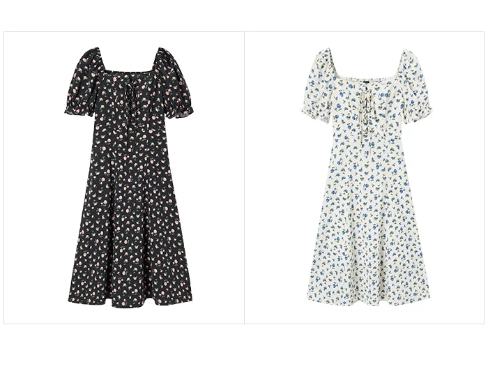 Dress Women Texture Chiffon Floral Romantic Temperament Square Neck Tea Break Dress
