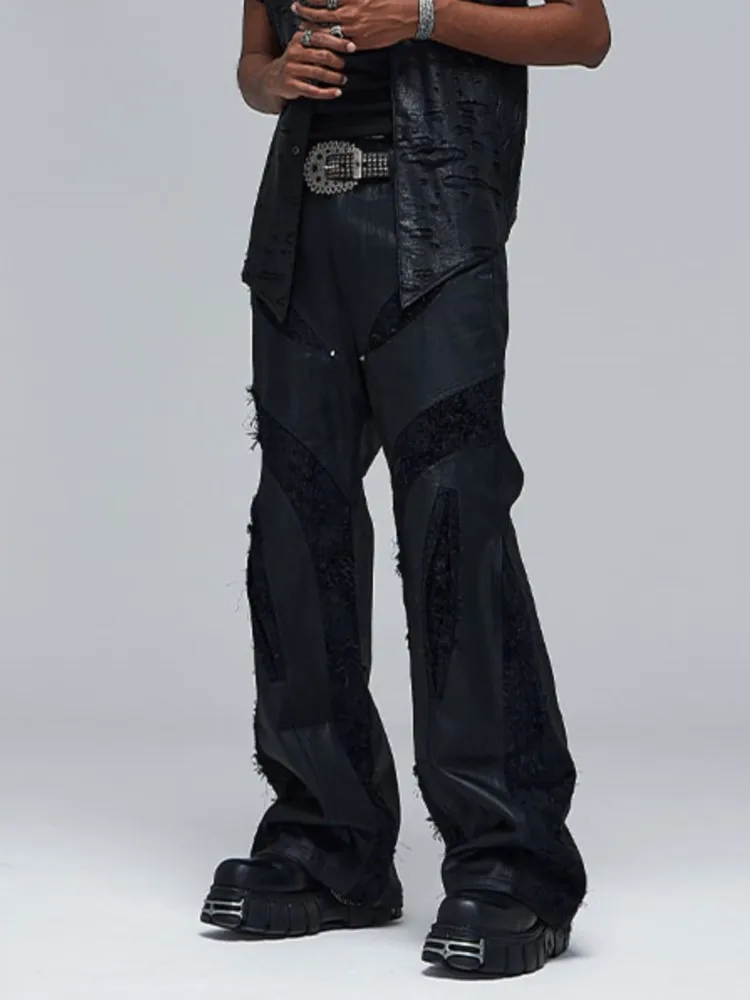

Dark Avant-Garde Style Coated Wax Finish Deconstructed Spliced Rivet Micro Flare Jeans For Men