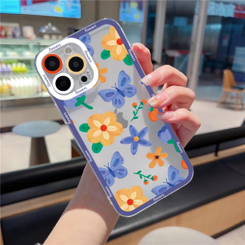 

Vintage Leaves Flower Painted Phone Case For iPhone X XR XS 8 7 Plus SE 2020 12 11 13 Pro Max Camera Protection Clear Soft Coque