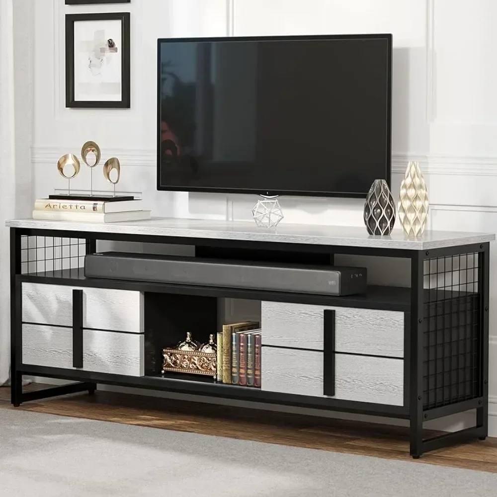 

Wood TV Media Console With Sturdy Metal Legs for Living Room Bookshelf White Oak/Black 300lbs Capacity Ps5 Furniture 59.5” Shelf