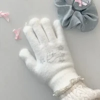 Kawaii Diamond Rabbit Gloves Winter Thickened Fullfinger Y2K Women Lolita Bow Tie Gloves Mittens JK Accessories New Year Gift