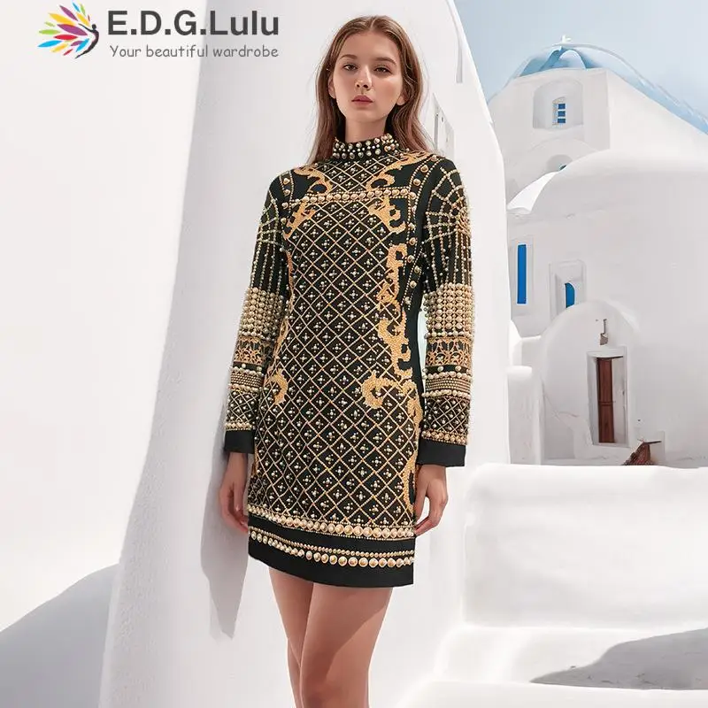 

EDGLuLu 2023 осеннее женское платье с воротником-стойкой и длинным рукавом элегантные ретро-платья с роскошным принтом и бусинами 0114