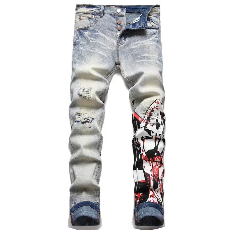 Summer Graffiti Jeans Men Embroidery Printing Gradient Color High Street Retro Luxury Pants Slim Fit and White Scrape Comfor2024 summer graffiti jeans men embroidery printing gradient color high street retro luxury pants slim fit and white scrape comfor2024