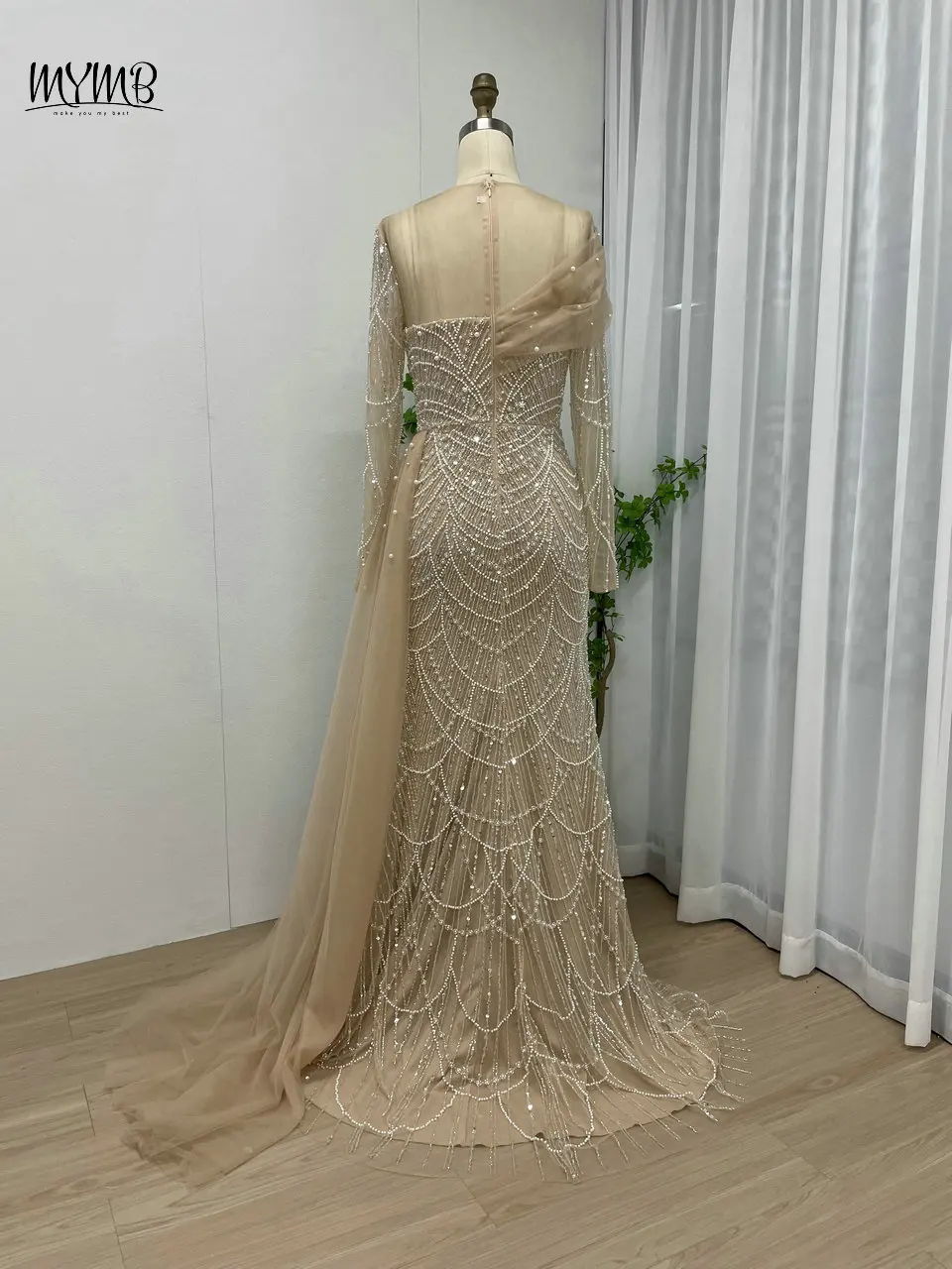 MYMB Stilvolle Perlen-Meerjungfrau-Champagner-Abend-Hochzeitskleider für Frauen, muslimische, elegante, lange Ärmel, Partykleider mit Überrock – Detail 19