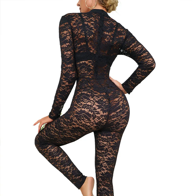 Summer New Sexy  Girl Black Lace Jacquard Hollow Perspective Long Sleeve Temperament Slim Fit jumpsuit  jump suits for women