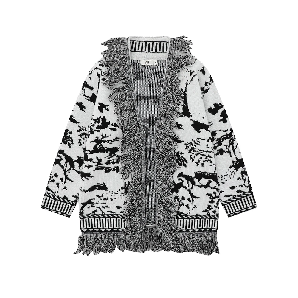 

2023 New Autumn Cardigan Jacquard Tassels Patchwork Sweater Men and Women Streetwear Sueter Masculino Baggy Y2K Knitted Clothes