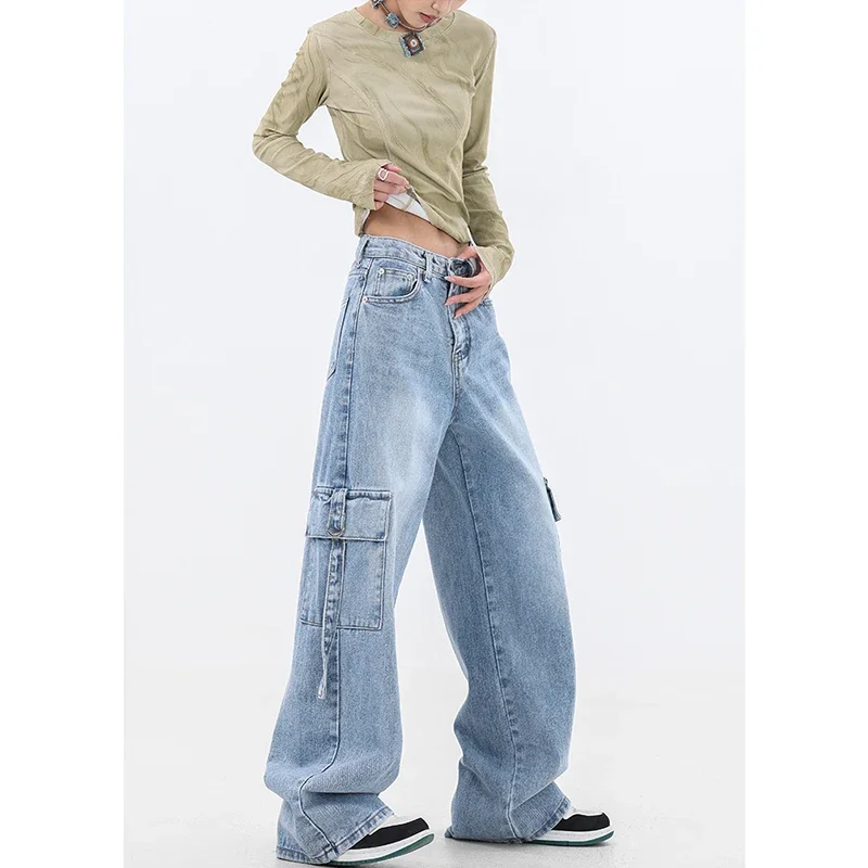 2024 Spring Vintage Y2K High Waist High Street Style Blue Straight Jeans Pockets Pants Women's Wide Leg Baggy Denim Trouser