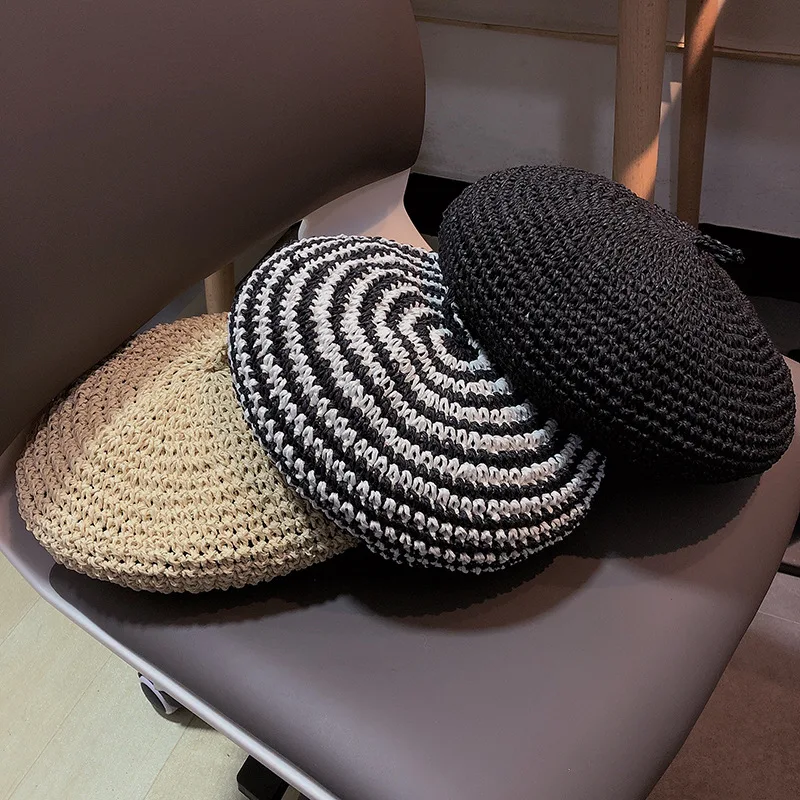 

Hand-woven Straw Berets For Women Black Striped Breathable SUn Visor Cap Summer Spring Beach Travel Sun Protection Painter Cap
