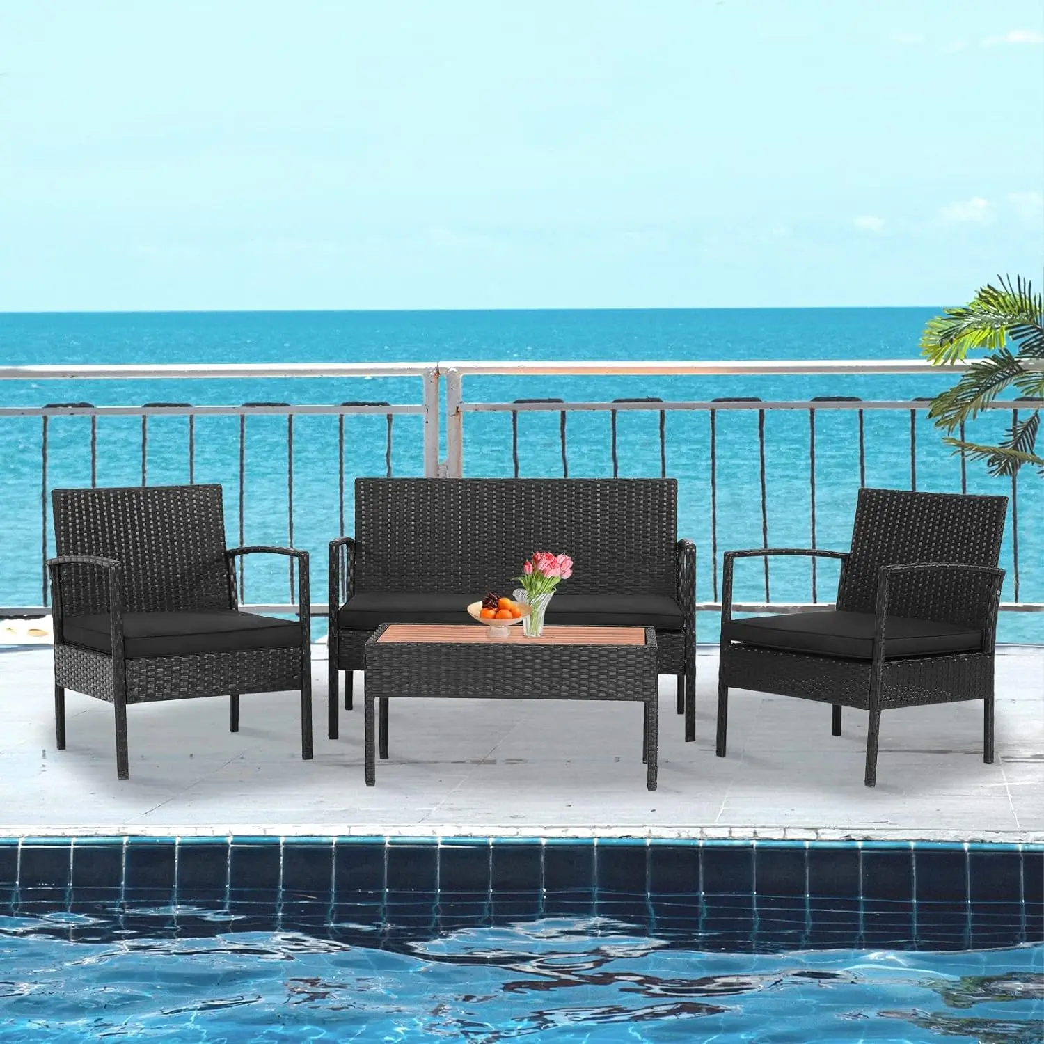 

4 Piece Patio Rattan Conversation Set, Outdoor Wicker Sofa Furniture Set W/Loveseat & 2 Single Chairs, Acacia Wood Tabletop