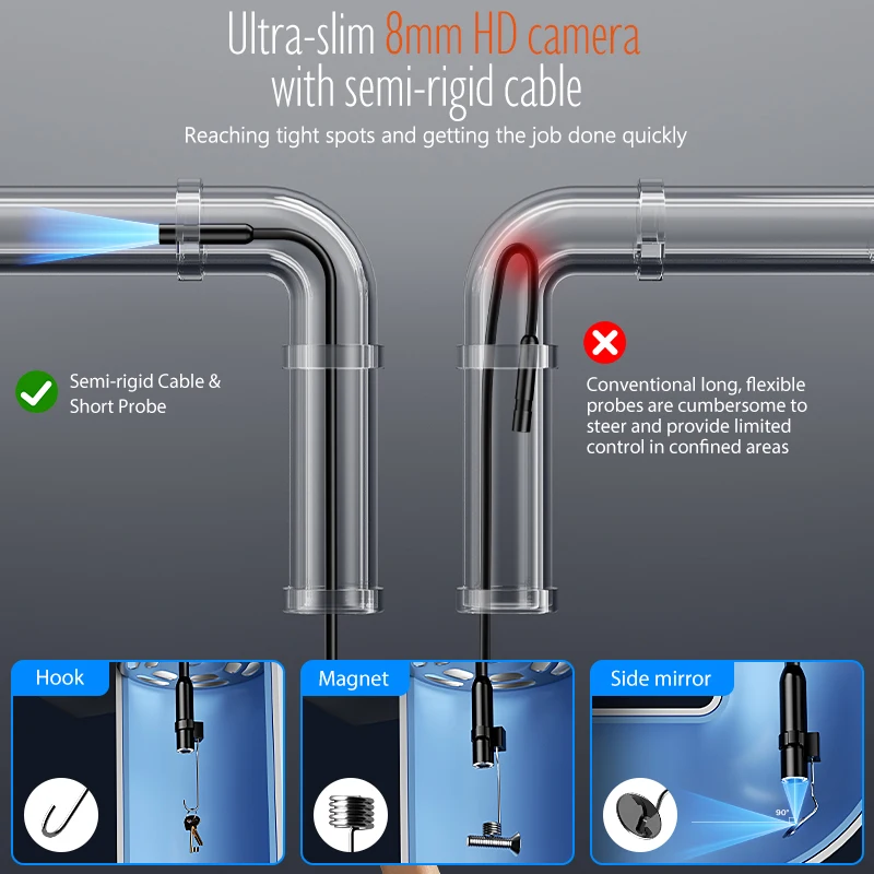 4.3'' IPS Screen Industrial Endoscope 8mm Probe with 8LEDs Car Pipe Inspection Borescope 5M Rigid Cable Waterproof Snake Plumbing Camera 2600mAh Battery 7