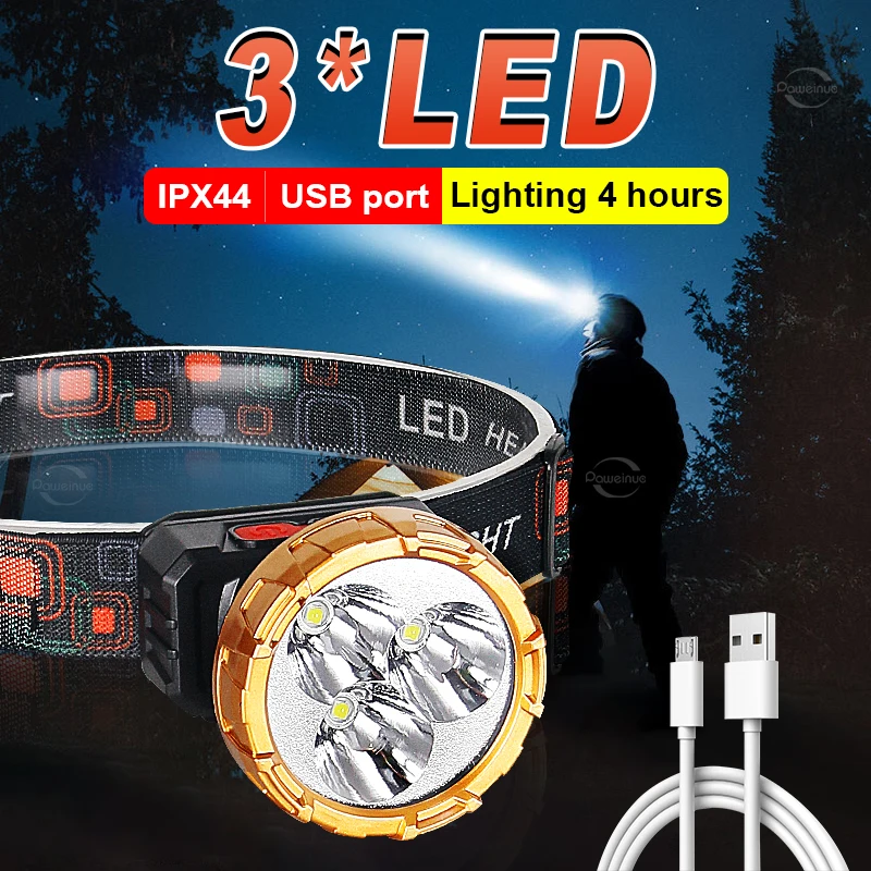 

Most Powerfl Mini LED Headlamp 3*LED Head Lamp Light Portable Rechargeable Headlight Built-In Battery High Power Head Flashlight