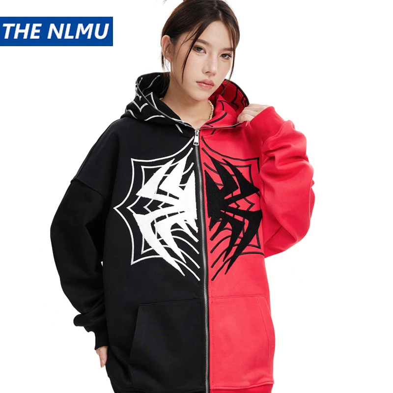 

Vintage Zip Up Hoodie Jacket Spider Graffiti Y2K Sweatshirt 2023 Autumn Casual Loose Hoodies Coat Unisex Clothing Red