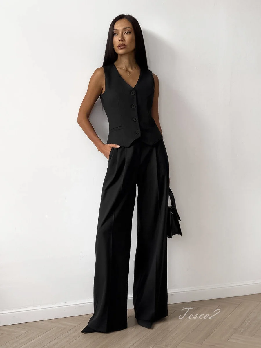 Tesco New Women Suit Sets Sleeveless Jacket And Wide Leg Pants Casual Pant Sets 2 Piece Holiday Outfits For Women Spring Summer