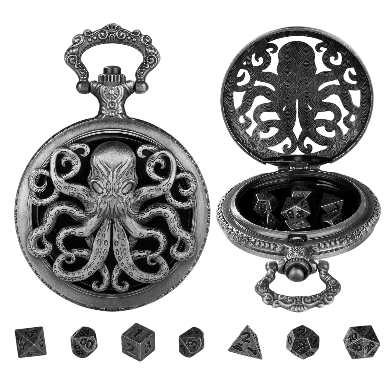 Vintage-Inspired Double Dragon DND Dice Jewelry Pocket Watch Case with 7 Metal Dice Set