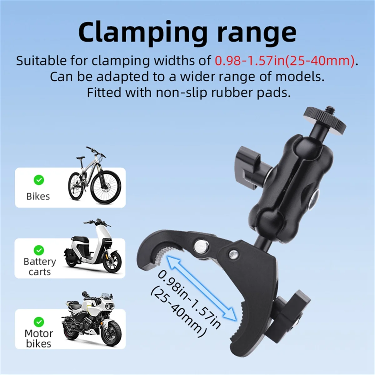 Vue rapprochée du support guidon moto pour télécommande DJI RC/RC2 avec réglage d'angle