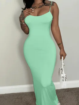 Summer Green Dress Women Streetwear Round Neck Suspender Solid Color Sexy Outfits Party Club Sundress Birthday Dresses Clothes 1