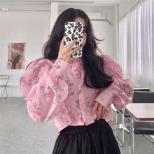 

QWEEK Floral Print Shirt Women Y2k Harajuku Puff Sleeve Beautiful Blouses Korean Style 2022 Oversize Pink Crop Top Sweet Girl