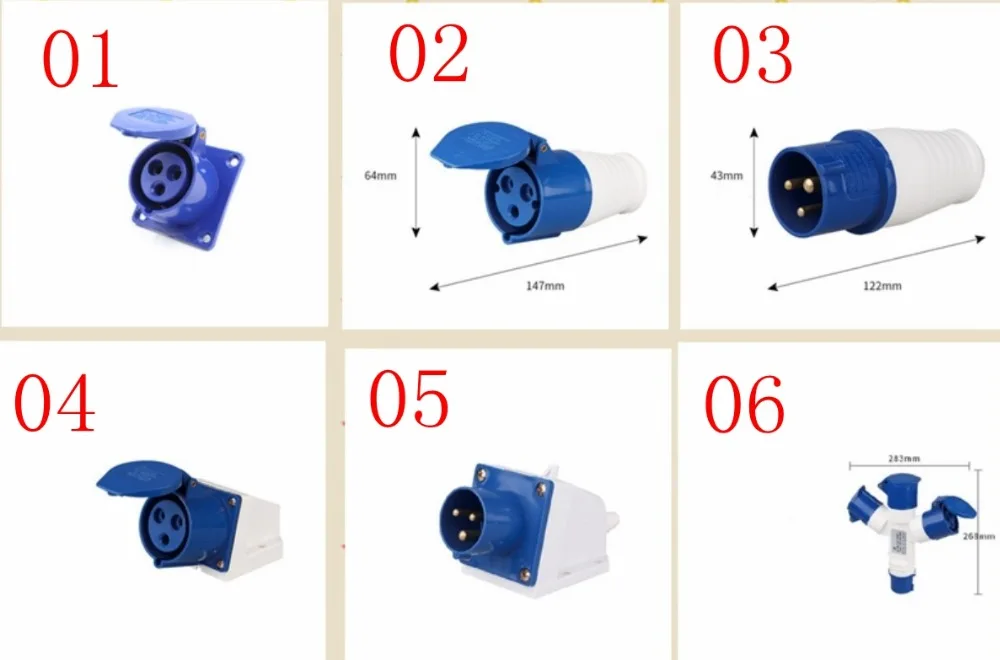 Description Picture 2 of item(1)Blue Range AC220V-250V 16 AMP 3 Pin Industrial Site Plug & Sockets IP44 2P+E Male/Female Industry Electrical Socket
