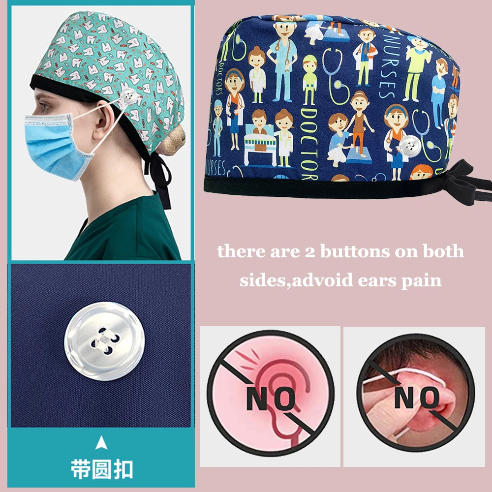 Medical Scrub Hats Surgical Caps Pharmacy Baotou Scrub Cap Medical Print Pet Clinic Women Men Doctors Dentist Hat Nurse Salon Hat with Buttons