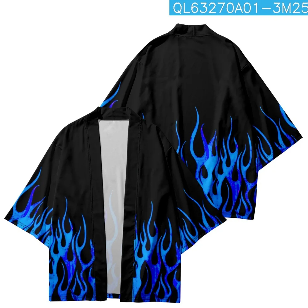 Black Kimono Cosplay Samurai Purple Flames Print Haori Women Men Cardigan Yukata Costume Japanese Streetwear Traditional Clothes