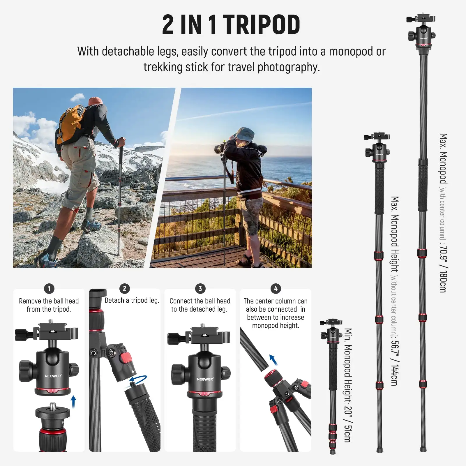 NEEWER N55C 다목적 볼 헤드, 탄소 섬유 모노포드 삼각대, 운반 가방 포함, 360 °, 68 인치