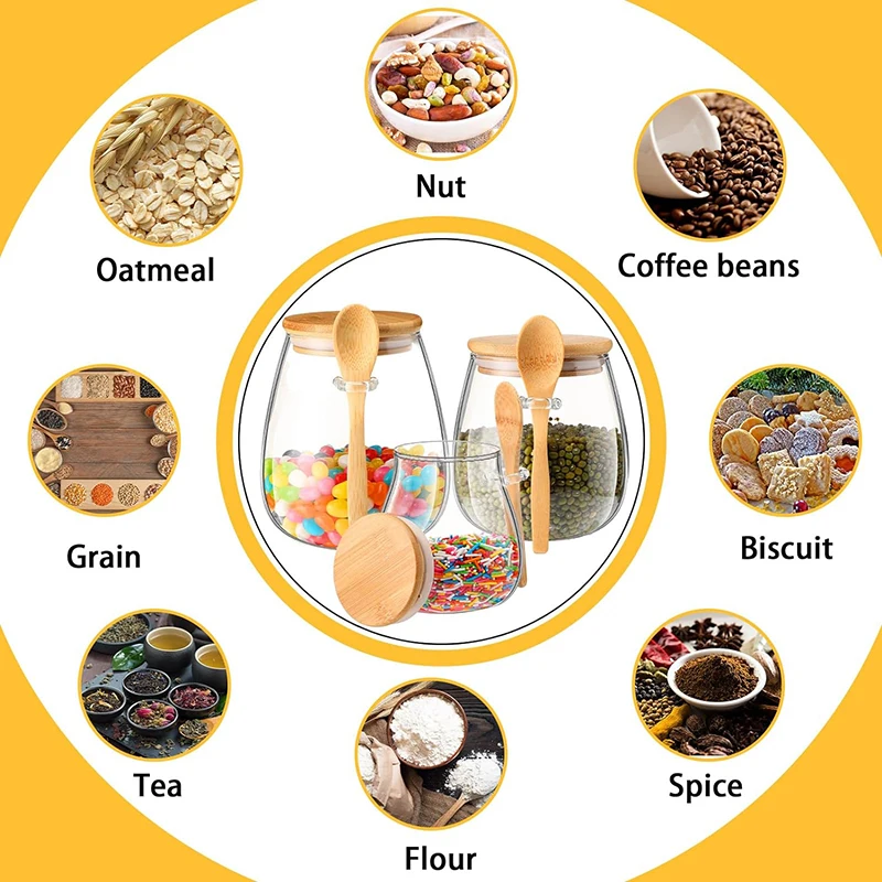 Frasco de vidrio de 350/600/1000 ml con tapa hermética de bambú y cuchara adjunta, recipiente para té, café, sal, azúcar, especias y condimentos - Image 4