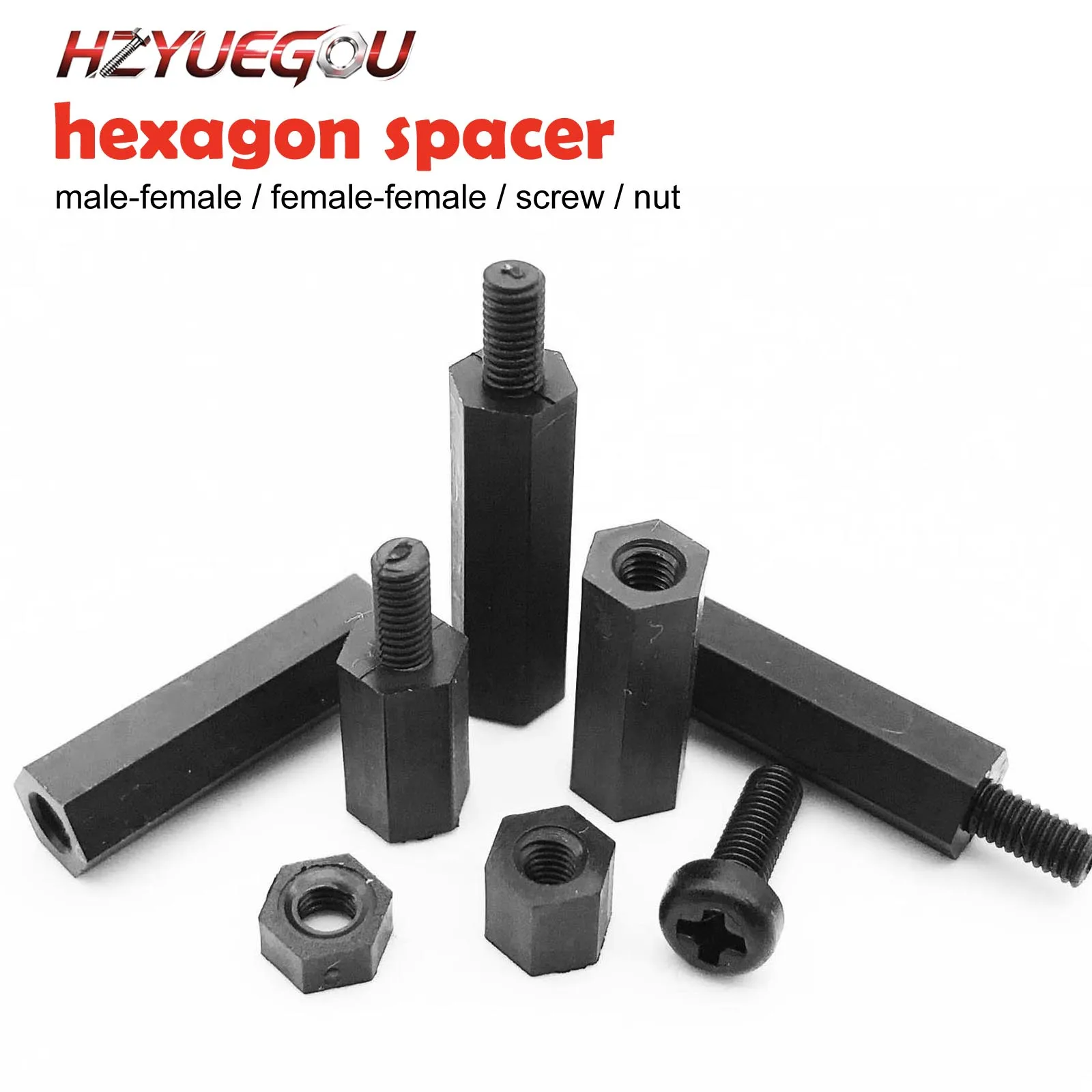 HZYUEGOU 50 Stück schwarze Kunststoff-Nylon-Abstandshalter M3 M3x5/10/20/30+6mm Sechskant-Säulenstütze, männlich/weiblich, Abstandshalter, Kreuzschlitzschraube, Bolzen
