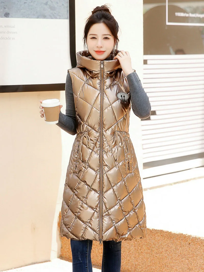 

Women's Sleeveless Vest Long Down Cotton Jacket Solid Korea Hooded Padded Vests Loose Females 2023 Fashion Casual Winter Coat