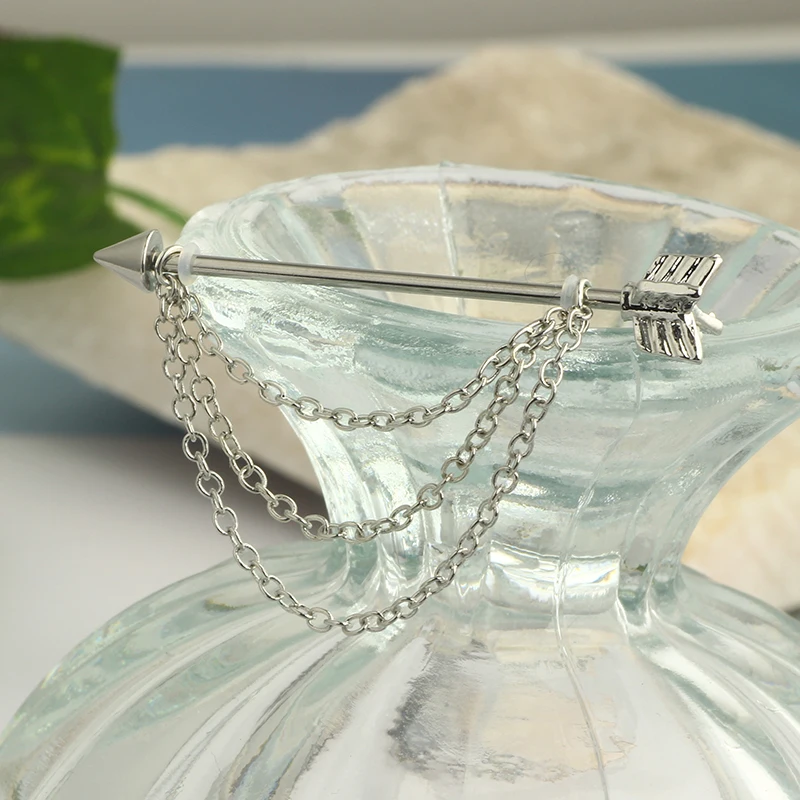 wholesales Stainless Steel Industrial Earrings With Chain Dangle Industrial Piercing Bar Cartilage Helix Piercing Tragus Stud