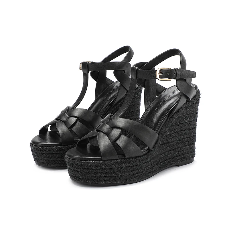 2023 Summer Women's High Heels Roman Sandals Elegant Women's Slope Heels Thick Sole Genuine Leather Women's Shoes Party Size 43