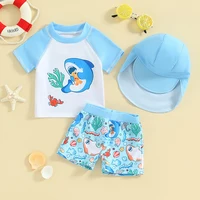 Toddler Baby Boys Rash Guard Set Shark Crocodile Print Short Sleeve Top with Shorts Hat Swimsuit Summer Infant Beach Swimwear 2