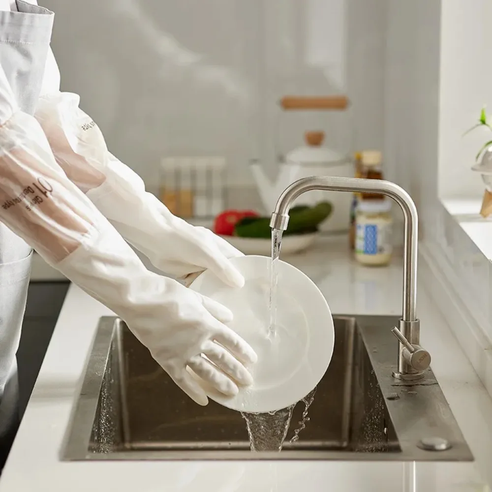 Dishwashing Gloves Female Waterproof Fleece Heavy Household Kitchen Durable Washing Dishes Cleaning Winter Long Sleeve Rubber dishwashing gloves