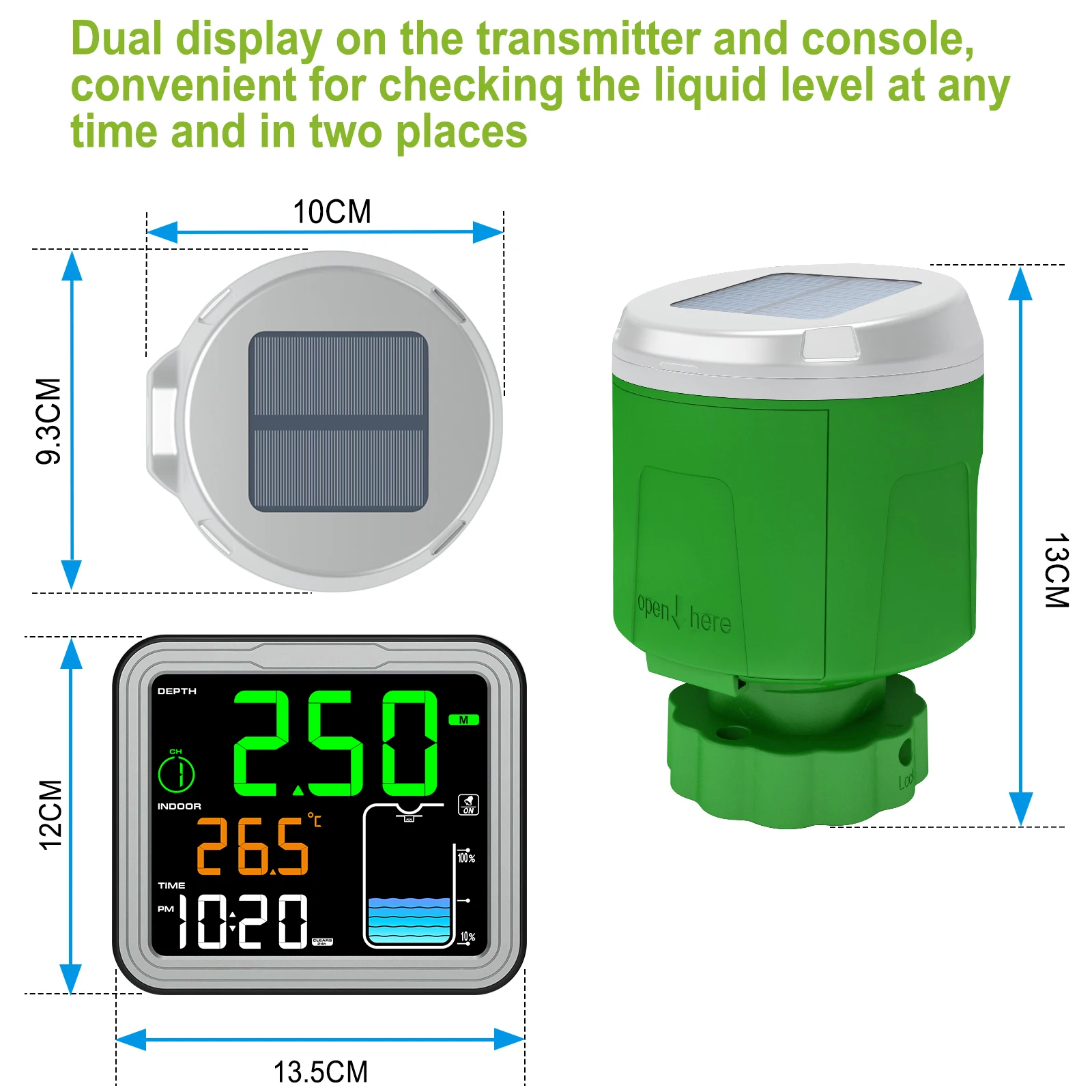 Solar Ultrasonic Water Level Sensor - Wireless Tank Level Meter with LCD Display
