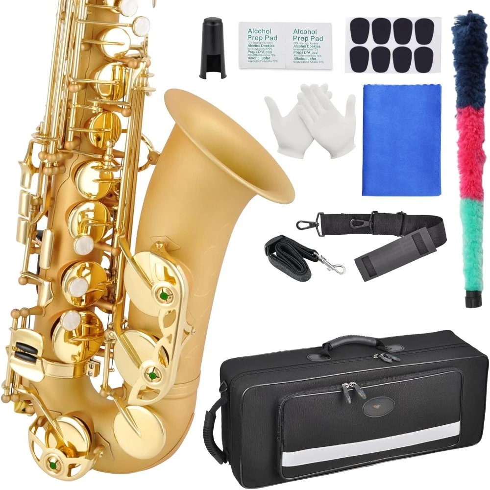 Golden Alto Saxophone E Flat Alto Sax Professional Playing Brass Saxophone Kit with Carrying Case,Mouthpiece,Reeds