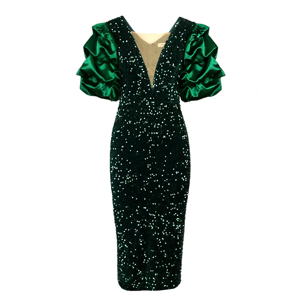 Plus Size Women Sequin Dress Puff Sleeve Party Dress Female Fashion Elegant Evening Gowns Casual Luxury Christmas Clothes