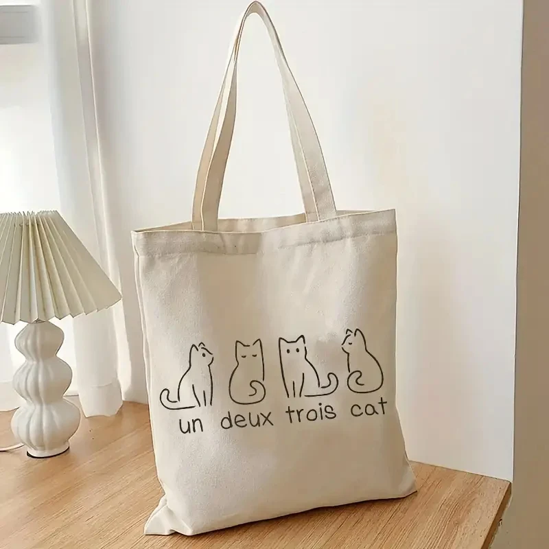 귀여운 고양이 토트백, Un Deux Trois 패턴, 고양이 토트백, 귀여운 고양이 캔버스 숄더백, 쇼핑백, 고양이 연인 선물