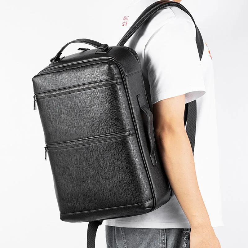 

AETOO Solid color men's backpack leather business large - capacity backpack fashion two - hand lift stereoscopic backpack