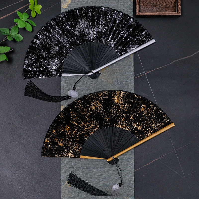 

Gold and Silver Fan Antique Style Classical Black Folding Fan Compact Hanfu Dance Fan Easy To Open and Close Su Fan