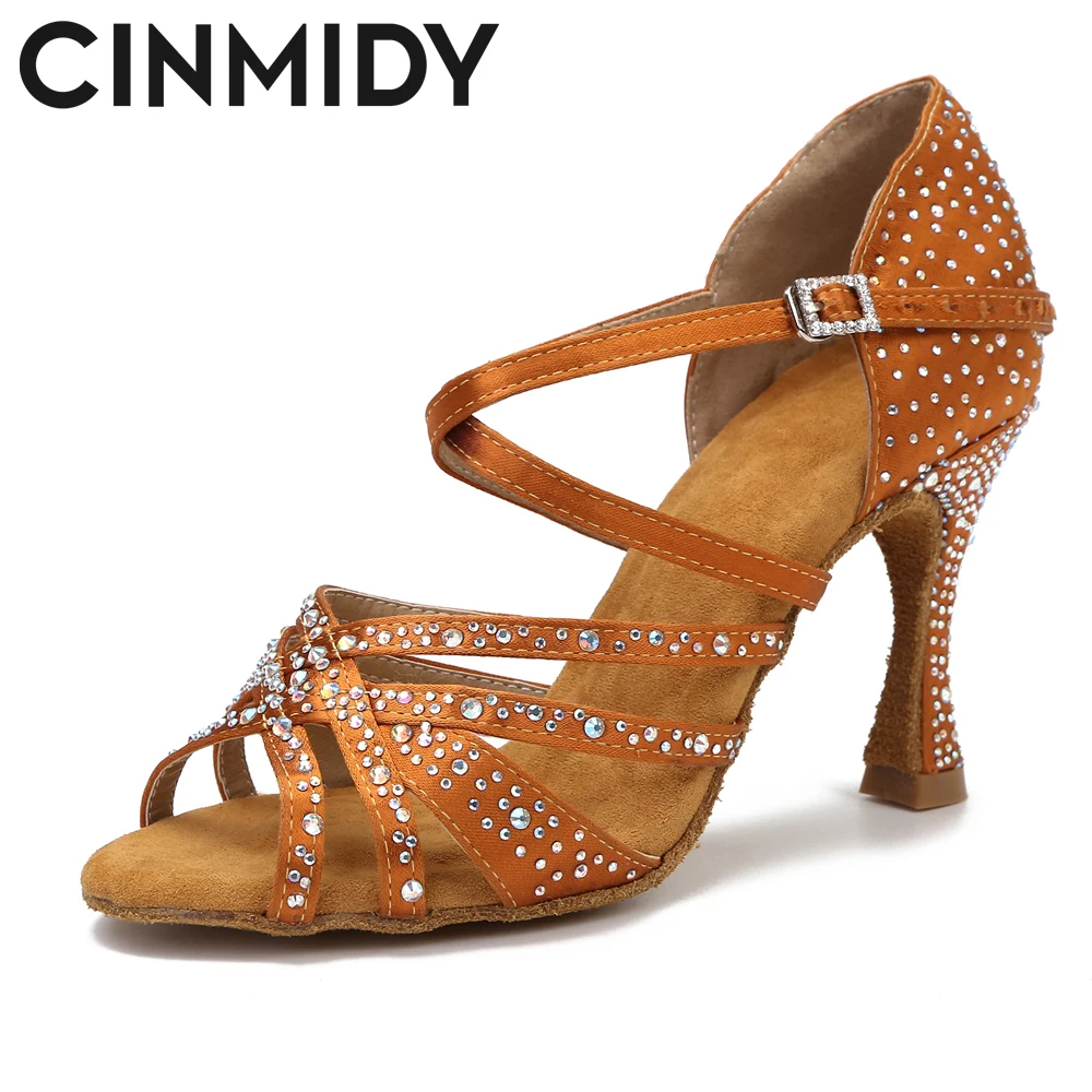 CINMIDY Latin Dance Shoes Woman Satin Rhinestones Soft Bottom Party Dance Shoes Salsa Dancing Shoes Ladies Wedding Sandals 7.5cm 2