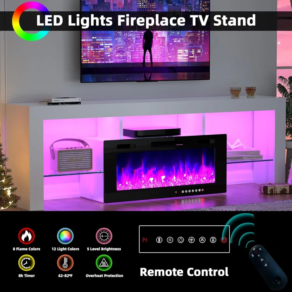 70" TV Fireplace Stand with 12-Color LED Lights, High Gloss Floating Fireplace Entertainment Center with 36" Electric Fireplace 2