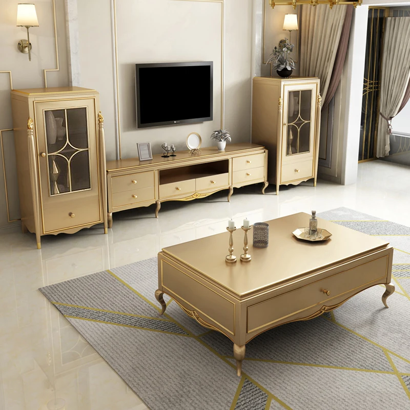 

American light luxury solid wood tea table TV cabinet combination European champagne gold floor cabinet lockers small family liv