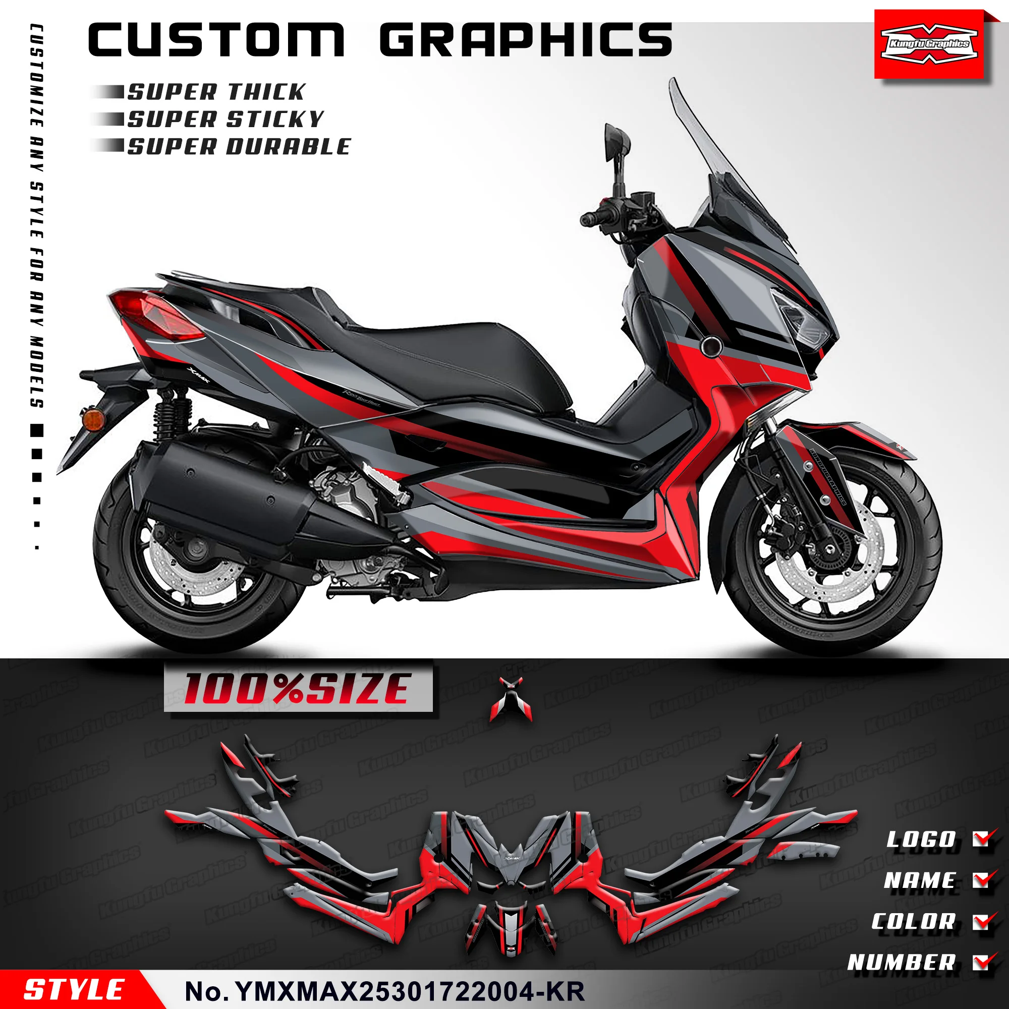 Kungfu Graphics Full Wrap Kit Adesivi In Pvc Design Personalizzato Per Yamaha Xmax 250 300 2017 2018 2019 2020 2021 2022, Rosso Grigio