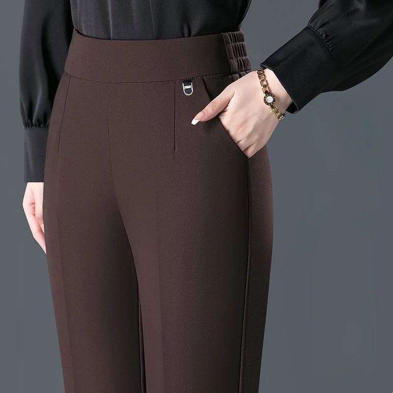Temperament Casual Autumn Winter Plus Velvet Thicken Pants New Women Solid Pockets Elastic High Waist Fashion Straight Trousers 4