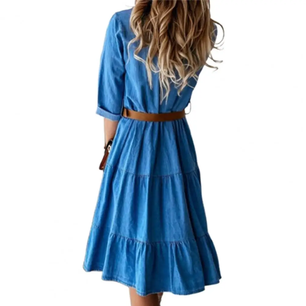 Denim Dress Three Quarter Sleeve with Belt Turn-down Collar