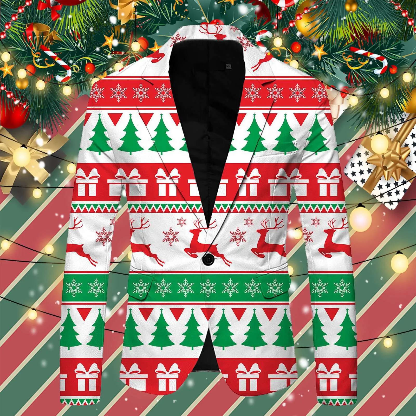 Men's Christmas Suit Blazer Funny Christmas Deer Snowflake Print Male Coat British Style Long Sleeve Suit Jacket Business